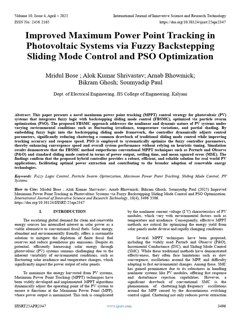 Improved Maximum Power Point Tracking in Photovoltaic Systems Via Fuzzy ...