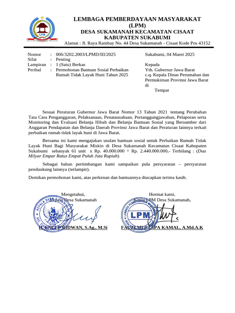 2. Format Surat Permohonan Bantuan RTLH Provinsi-LPM | PDF