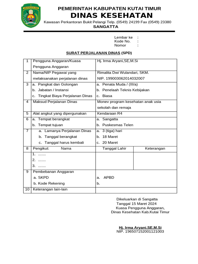 Surat Perjalanan Dinas Dinas Kesehatan | PDF