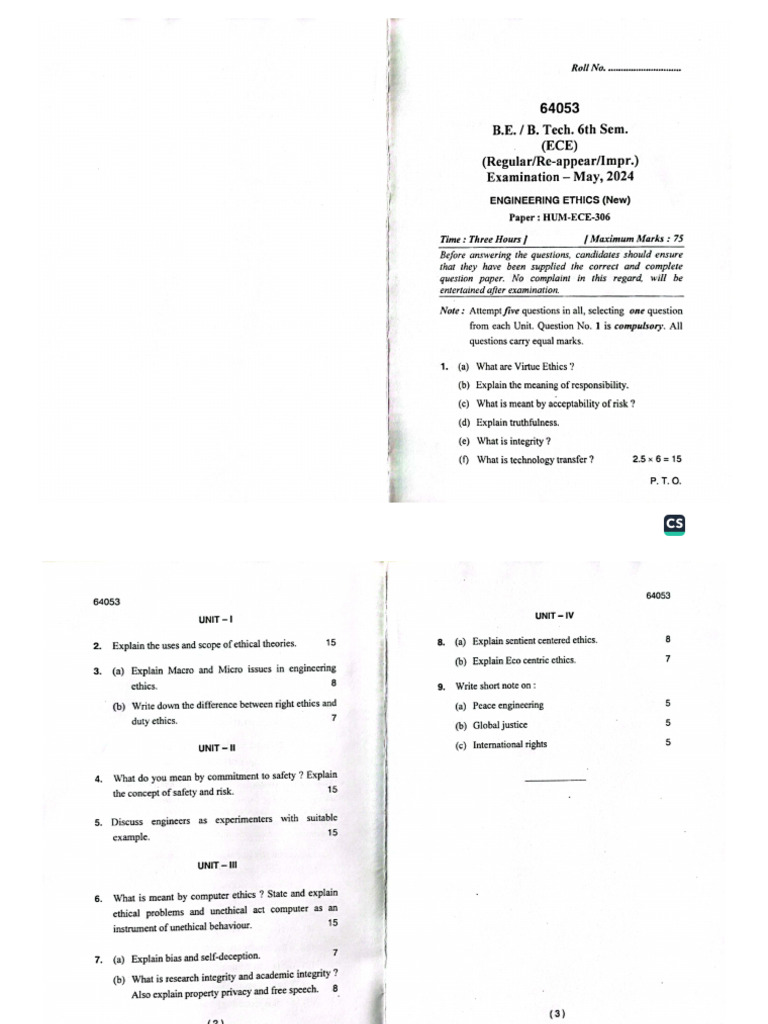 Engineering Ethics University Question Paper 2021-24 | PDF