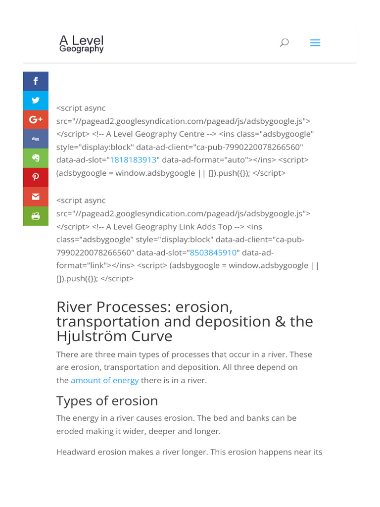 River Processes- erosion, transportation and deposition & Hjulström ...