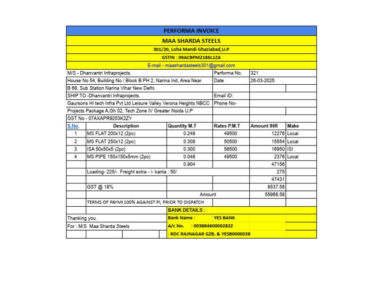 Performa Invoice for Maa Sharda Steels | PDF