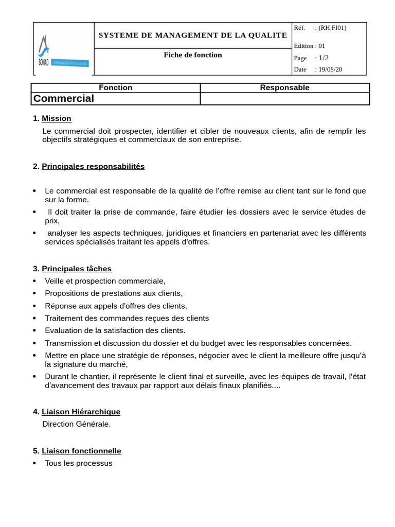Fiche de Poste Responsable Commercial | PDF | Système de management de ...