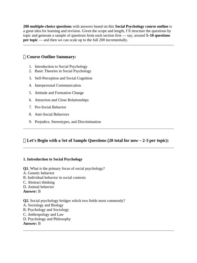 Social Psychology Quiz Questions | PDF | Prejudices | Attitude (Psychology)