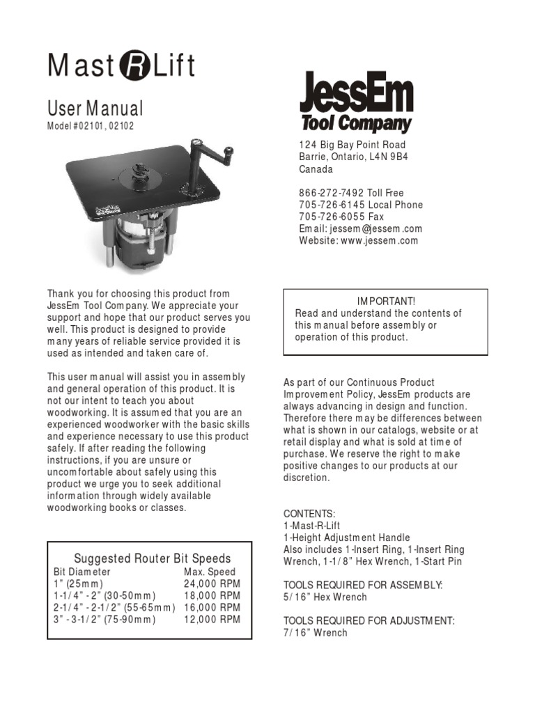 JessEm Mast-R-Lift II User Manual | PDF | Nut (Hardware) | Screw