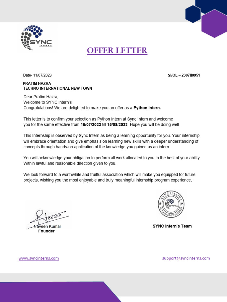 Sync Internship Offer Letter | PDF
