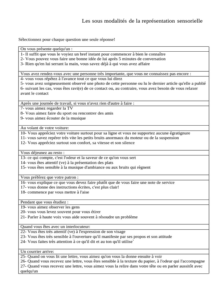Test des sous-modalités sensorielles | PDF