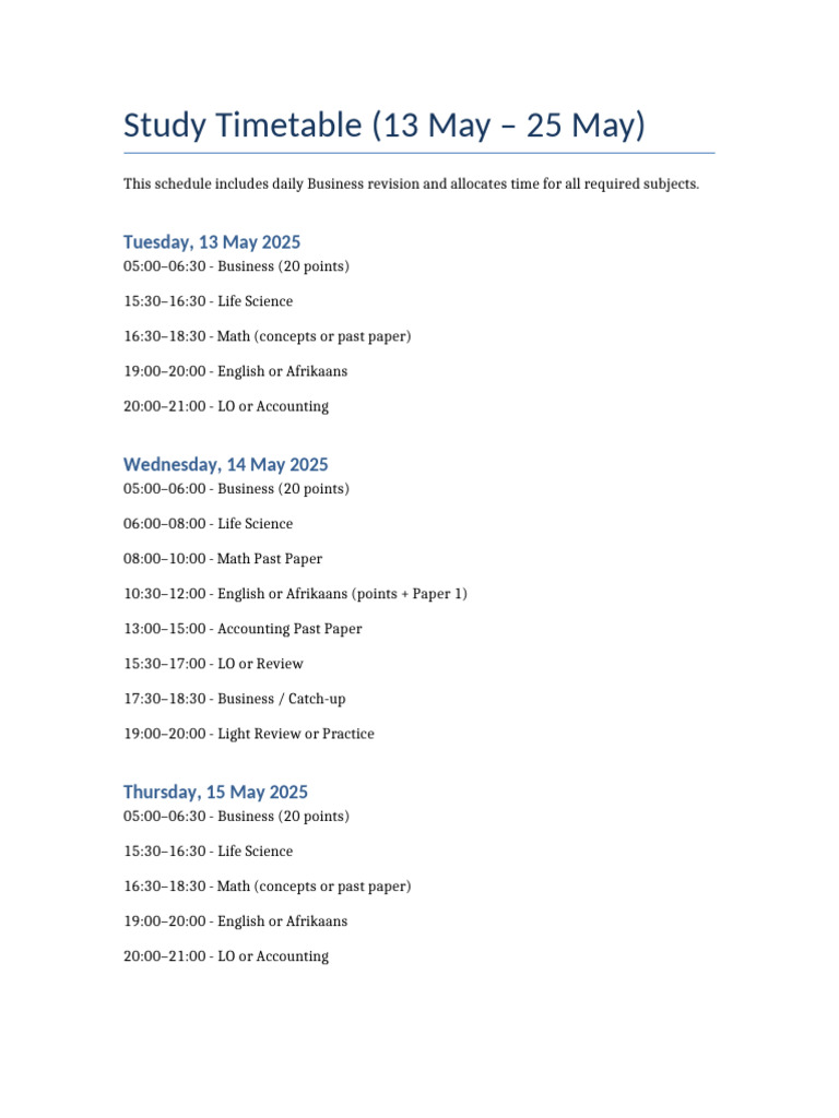 Study Timetable May13 To May25 | PDF