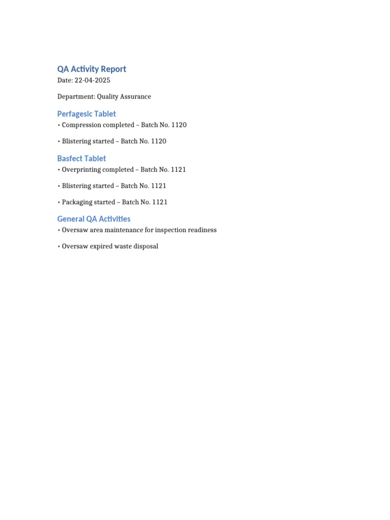 QA Activity Report 22-04-2025 | PDF