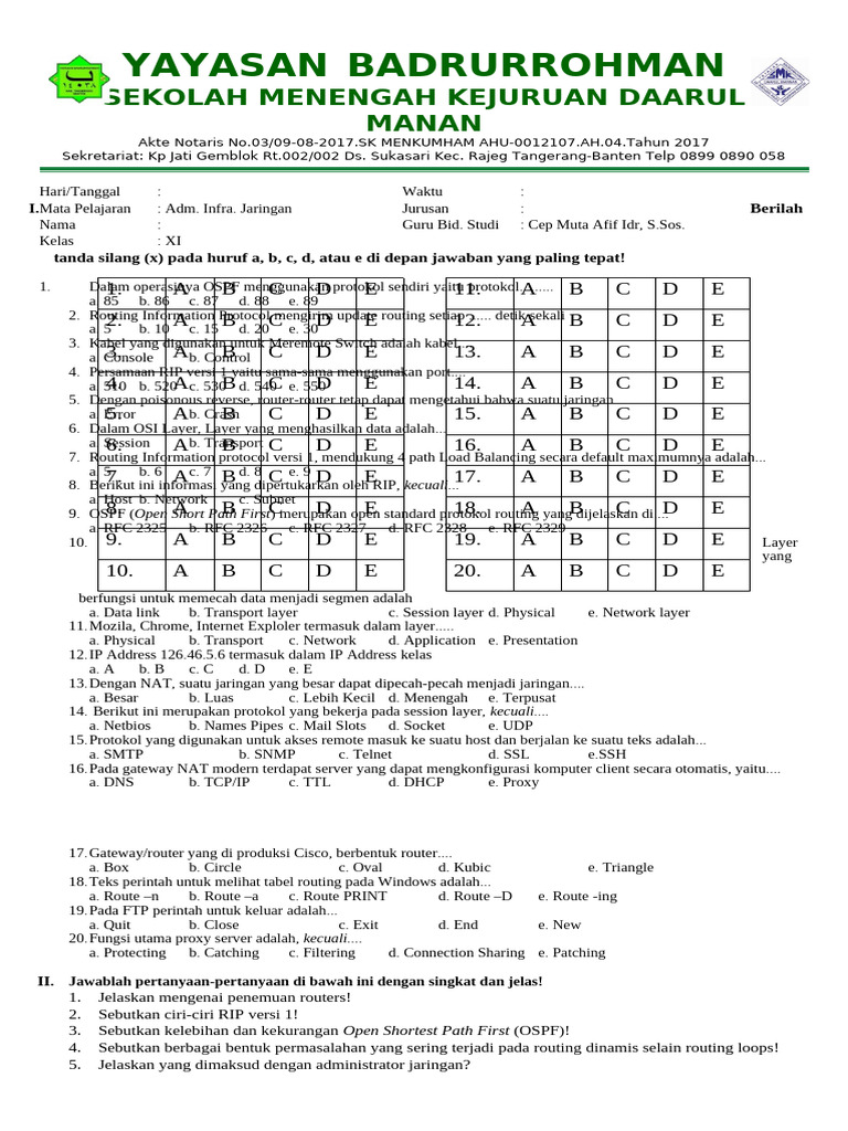 Soal Ujian Jaringan dan Protokol Routing | PDF