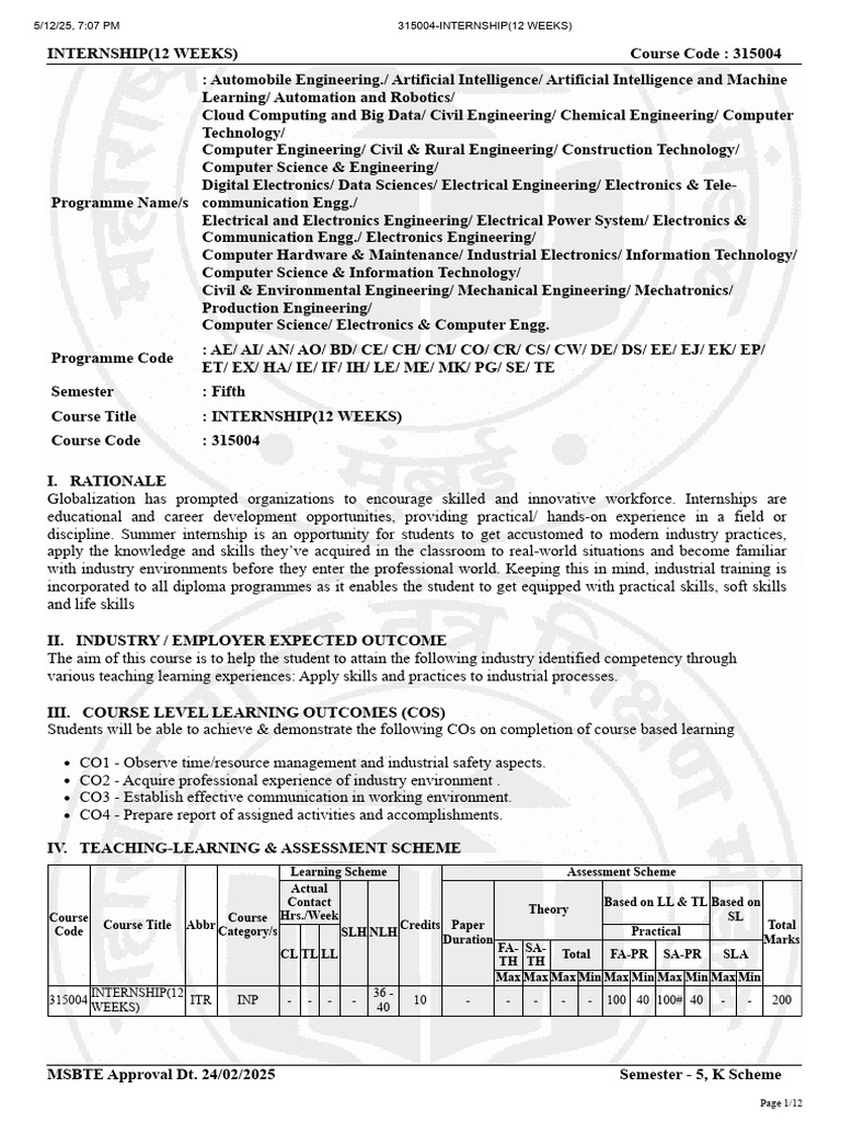 5th Semester Internship Syllabus 315004 | PDF | Engineering | Academic Term
