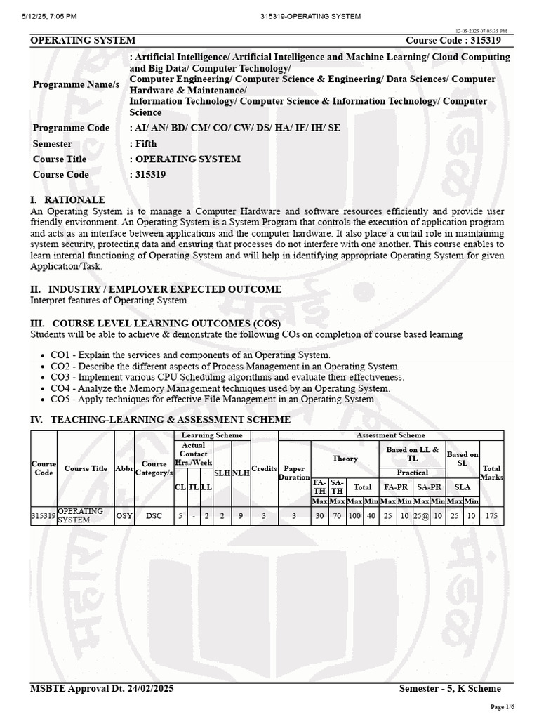 Operating System Course 315319 Syllabus | PDF | Operating System ...