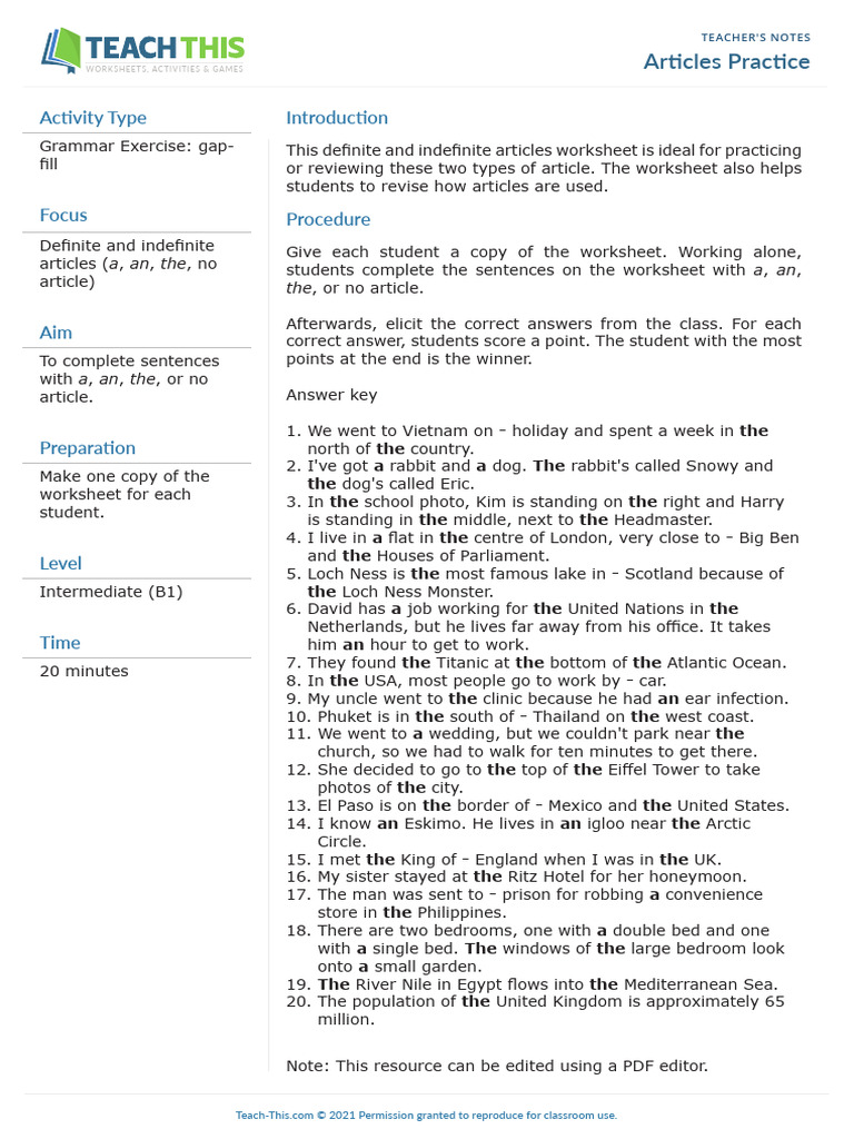 Articles Practice Worksheet for Students | PDF