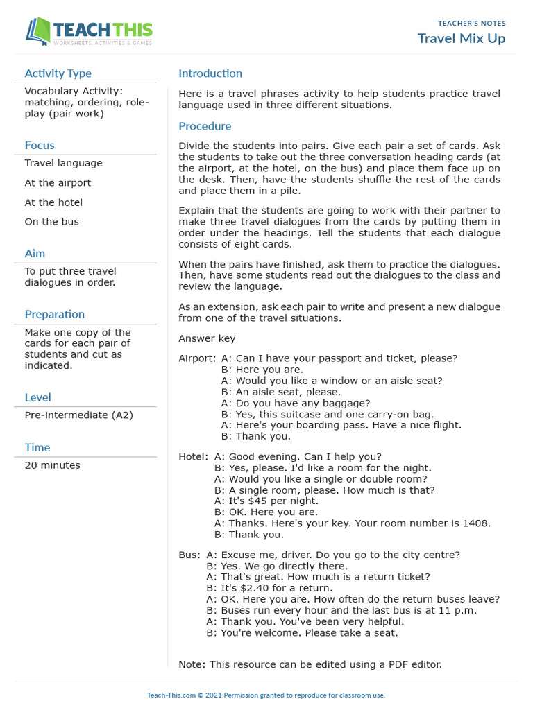 Travel Language Dialogue Activity | PDF