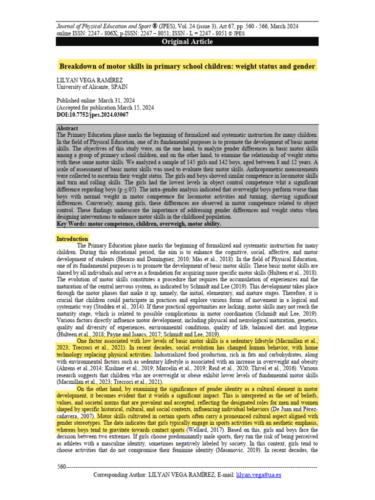 Motor Skills in Children: Gender & Weight Status | PDF | Body Mass ...
