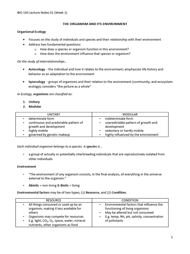 Bio 150 Lec Notes 01 - The Organism and Its Environment | PDF ...