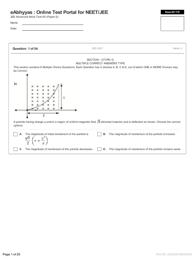 NEET/JEE JEE Advanced Mock Test 05 | PDF | Momentum | Magnetic Field