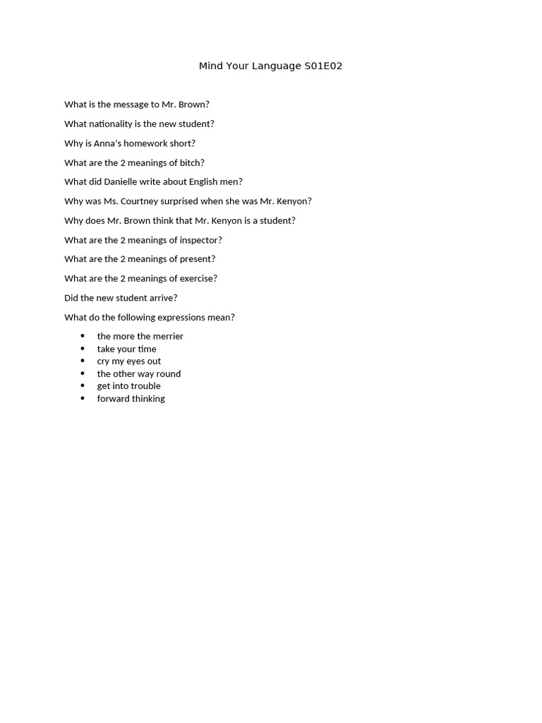 Mind Your Language S01E02 Summary | PDF
