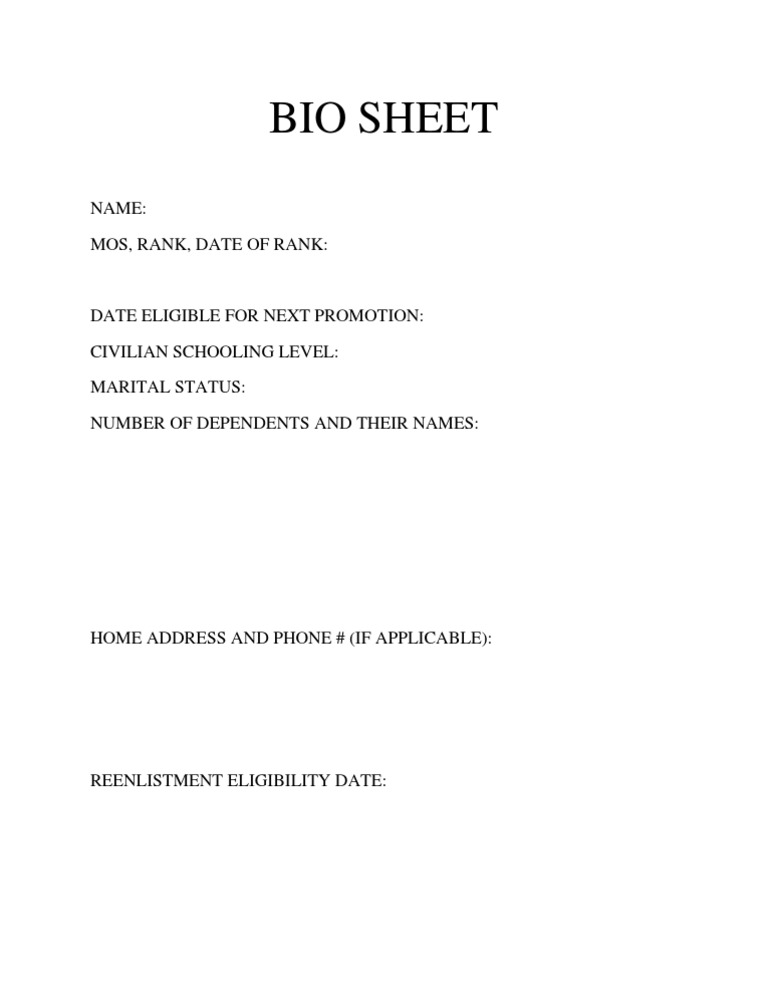 Bio Sheet: Name: Mos, Rank, Date of Rank | PDF
