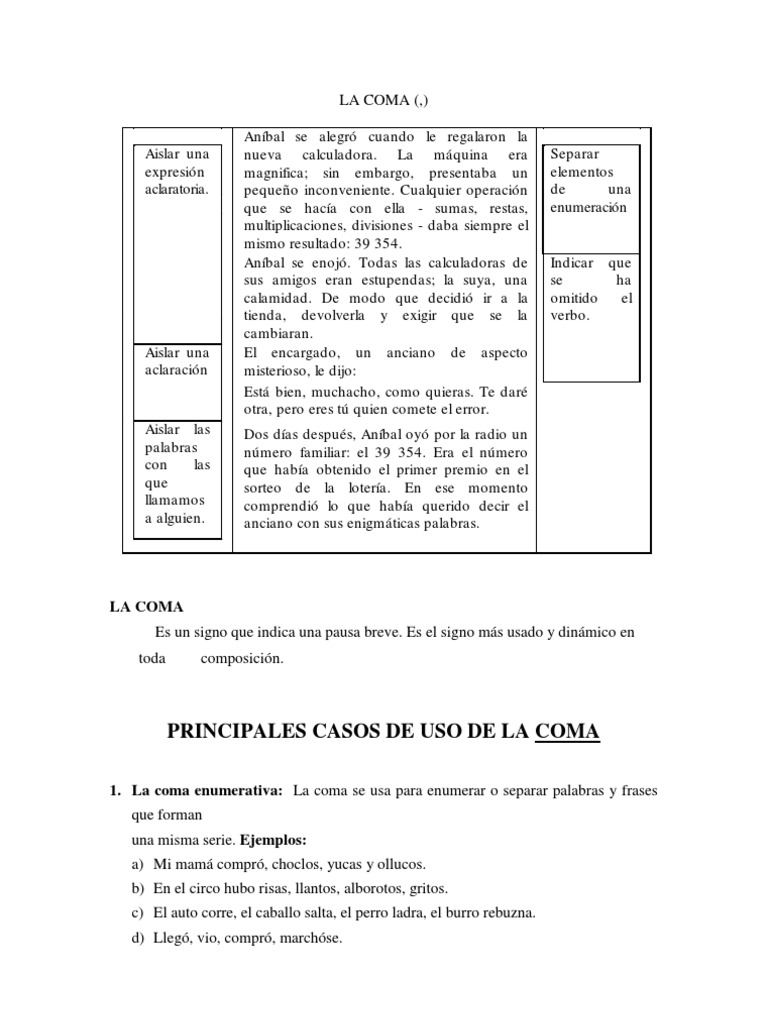 Usos y Ejemplos de la Coma | PDF | Artes del Lenguaje y Comunicación ...