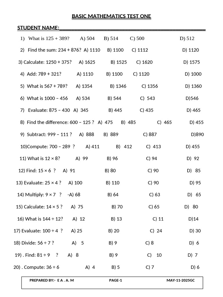 Grade 4 Basic Mathematics Test | PDF