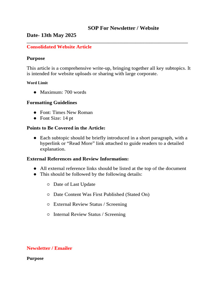 SOP for Newsletter and Website Content | PDF