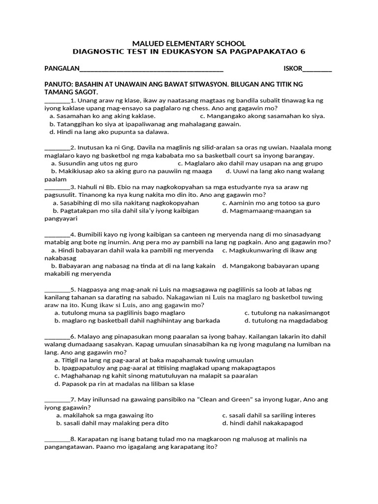 Diagnostic Test in Esp With Key Ans & Tos | PDF