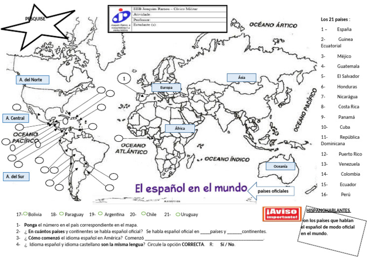 Mapa de los 21 Países Hispanoablantes | PDF | Lengua española