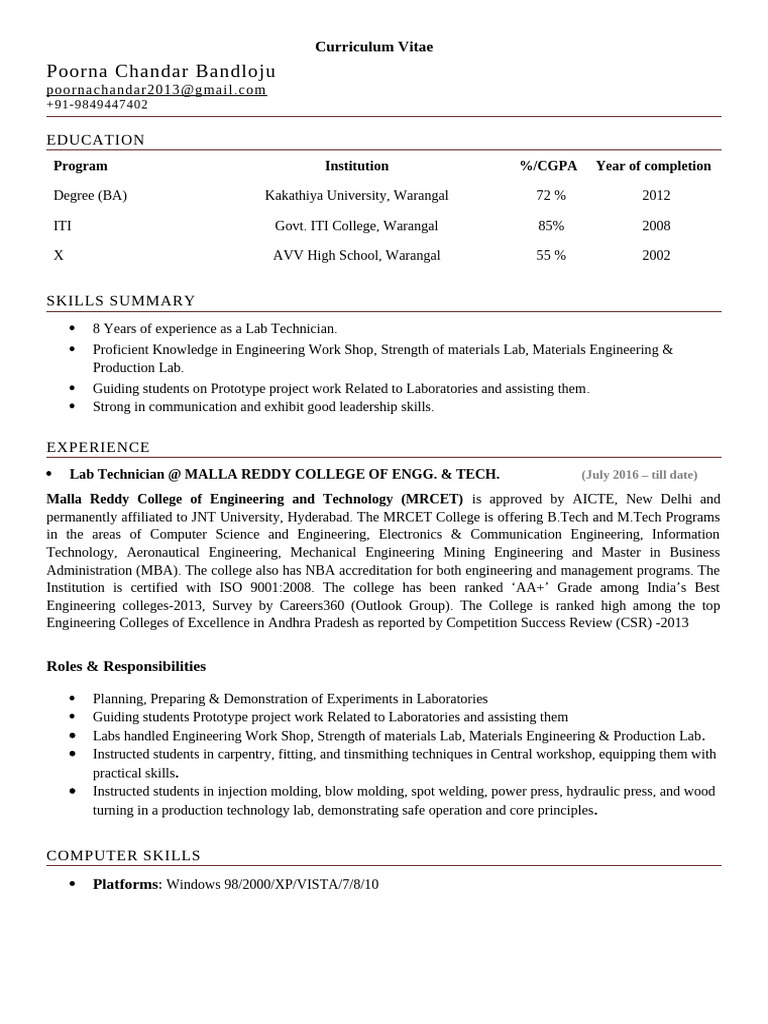 Lab Technician Resume of Poorna Chandar | PDF | Engineering
