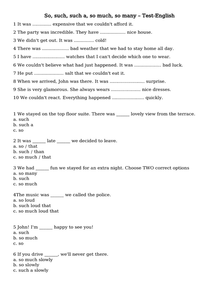 So and Such: English Test Exercises | PDF