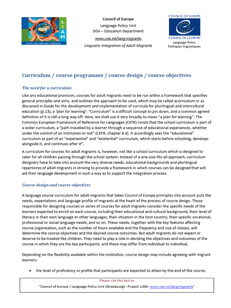 Curriculum for Adult Migrant Language Integration | PDF | Curriculum ...