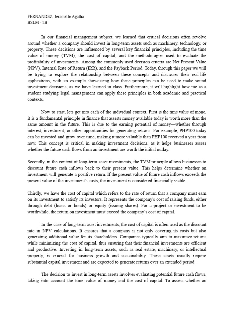 FINMAN - Reflection Paper | PDF | Net Present Value | Internal Rate Of ...