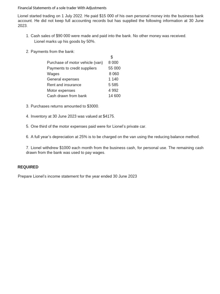 Income Statement for Sole Trader Lionel | PDF | Expense | Depreciation