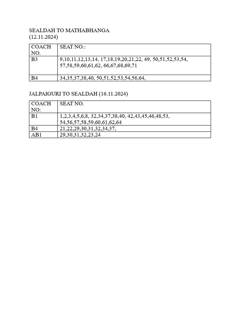 Seat and Coach No | PDF