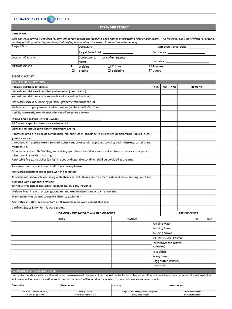 Hot Work Permit Safety Checklist | PDF | Welding | Construction