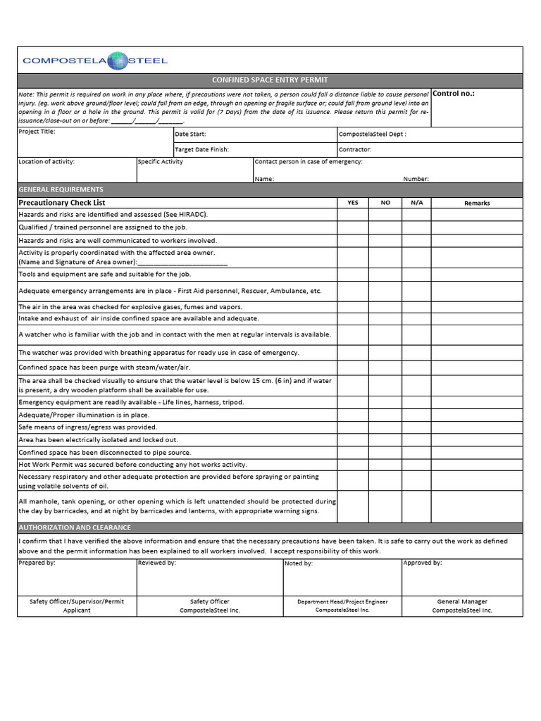 M7-ESH-F018 Confined Space Entry Permit | PDF | Working Conditions | Safety