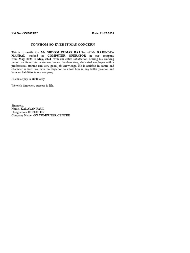 Computer Operator Experience Certificate | PDF