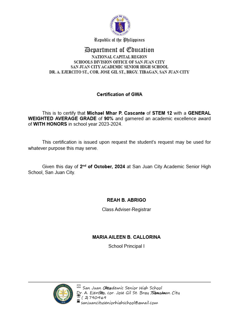Certification of Academic Excellence GWA | PDF