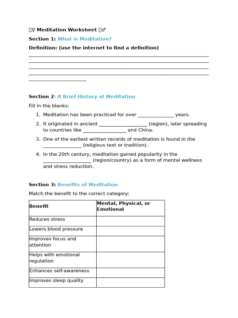 Meditation Worksheet for Beginners | PDF | Meditation | Mindfulness