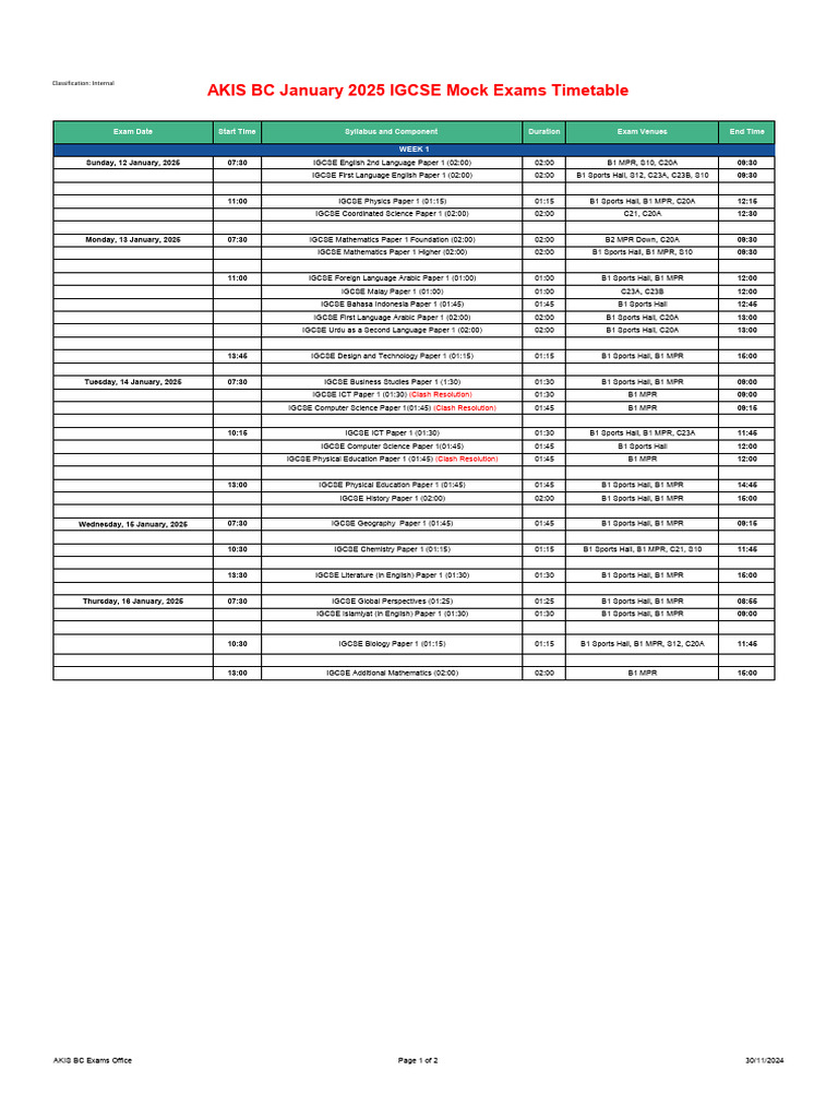 January 2025 IGCSE Mock Exam Schedule | PDF | Educational Stages ...