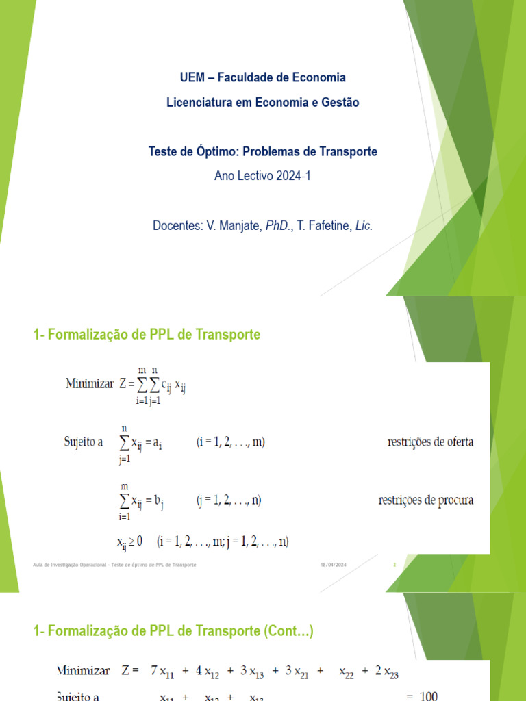 Aula de Io - Teste de Optimo de PPL de Transporte - 18.04.2024 | PDF ...