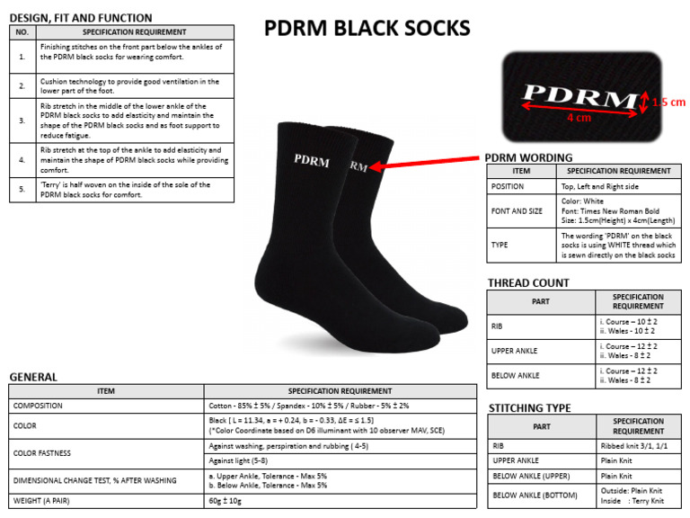 PDRM Black Socks Specification Document | PDF | Sock | Knitting