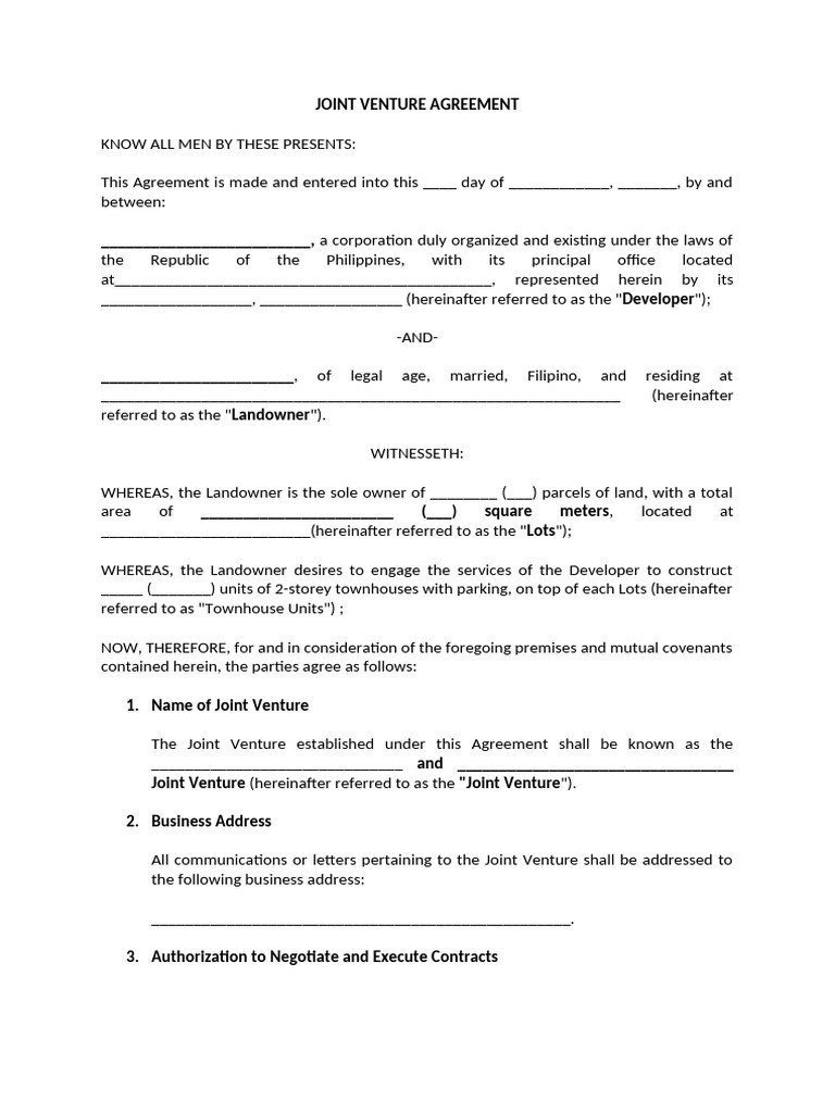 Joint Venture Agreement Template | PDF | Receipt | Banks