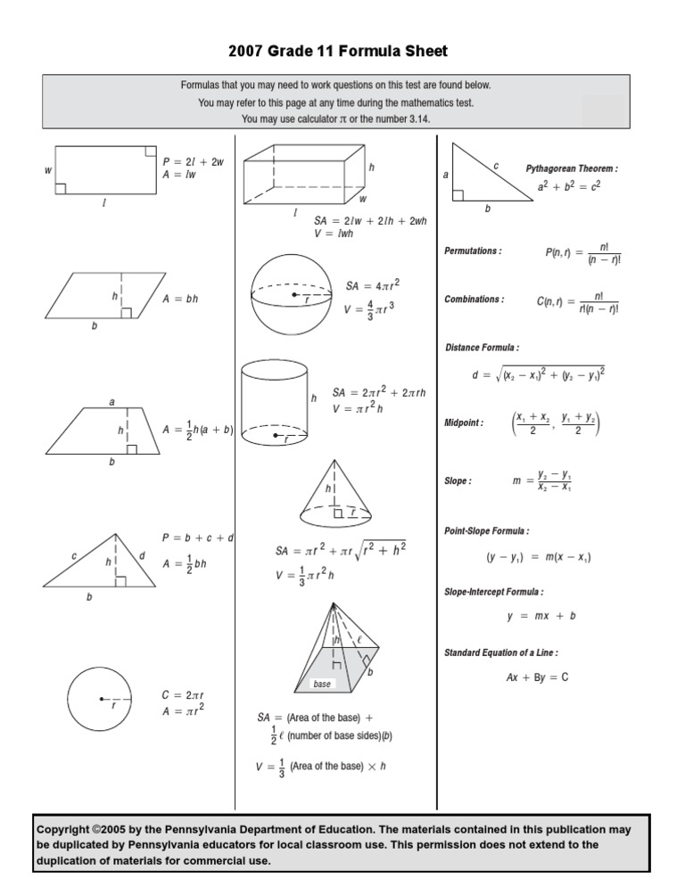 Do Not Remove From Booklet: 2007 Grade 11 Formula Sheet | PDF ...
