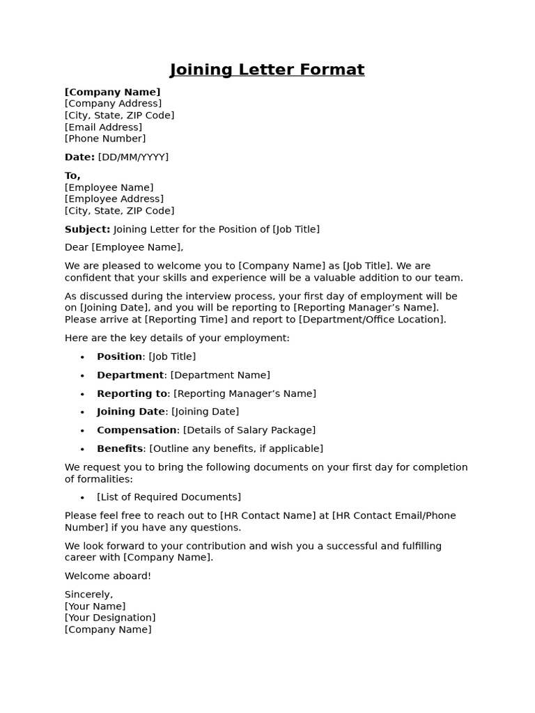 Joining Letter Format | PDF