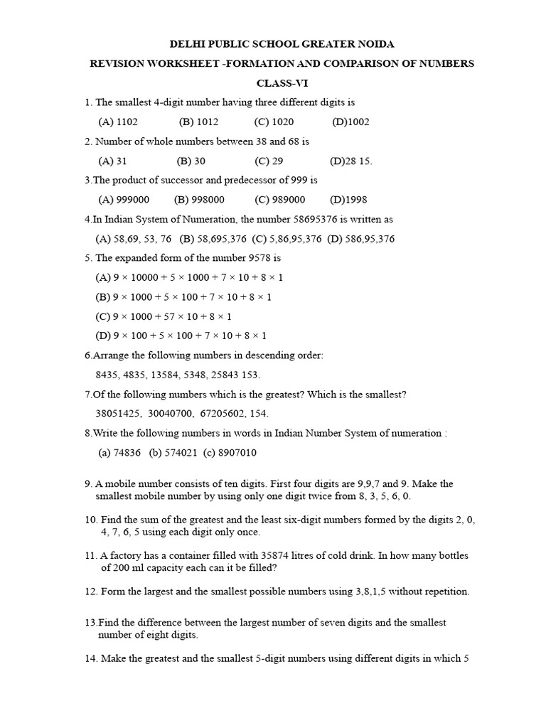 Class VI Number Formation Worksheet | PDF | Numbers