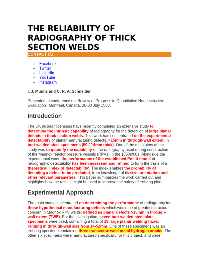 The Reliability of Radiography of Thick Section Welds | PDF ...