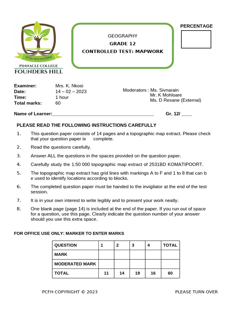 12 (2023) Pinnacle - Mapwork Test | PDF | Earth Sciences