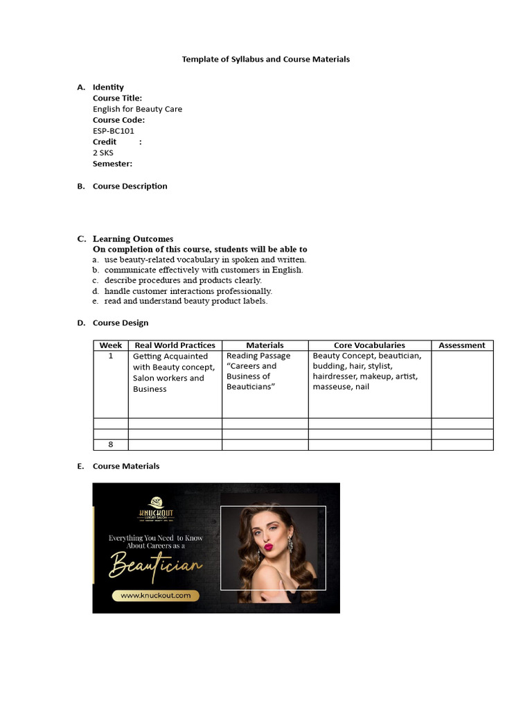 English for Beauty Care Course Syllabus | PDF | Skill | Learning