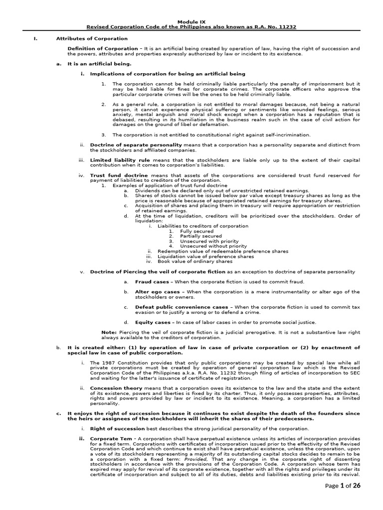 Module IX Revised Corporation Code of The Philippines | PDF | Preferred ...